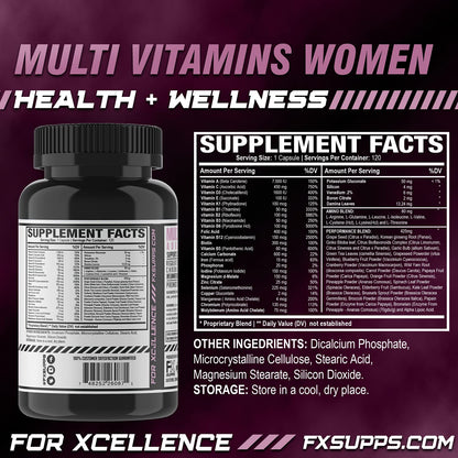 Etiqueta de ingredientes del multivitamínico FXSUPPS para mujeres.