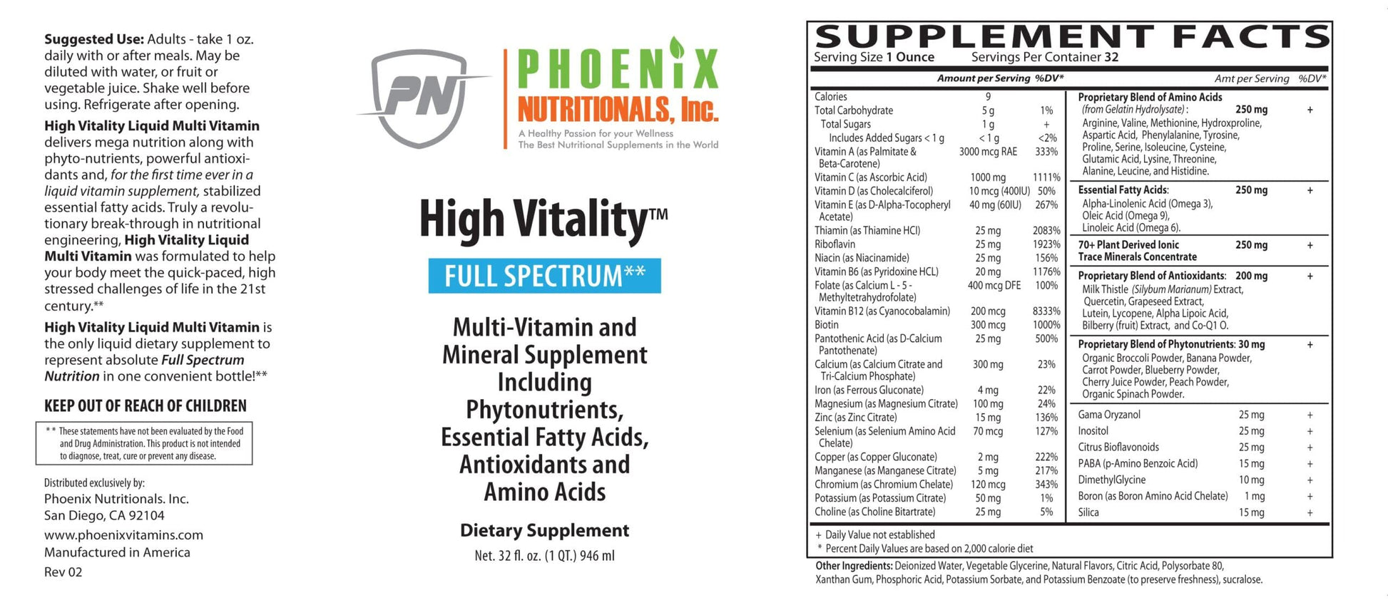 etiqueta de ingredientes multivitamínico Phoenix