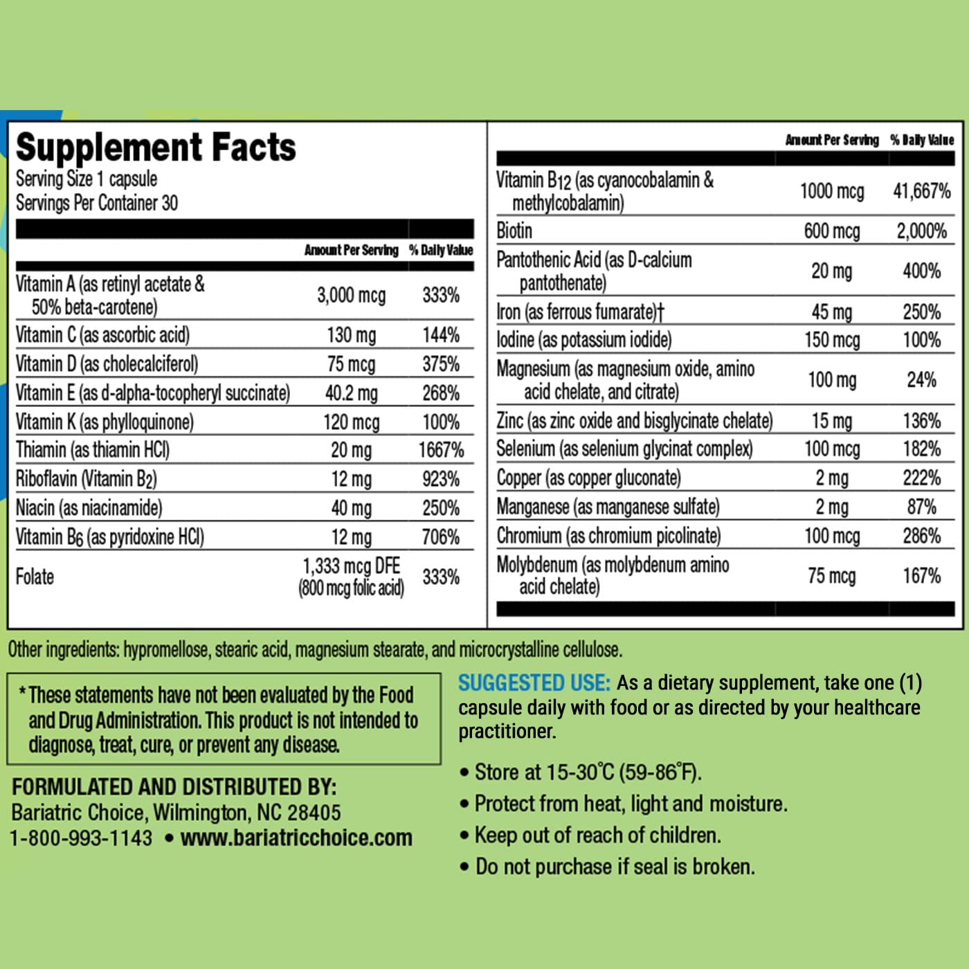 Etiqueta de ingredientes de multivitamínico.