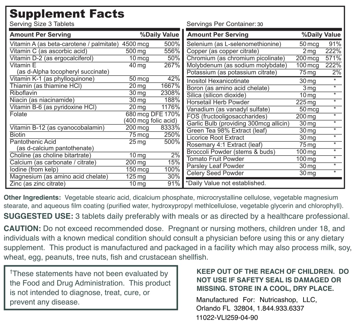 Etiqueta de ingredientes vitaminas NUTRICASHOP