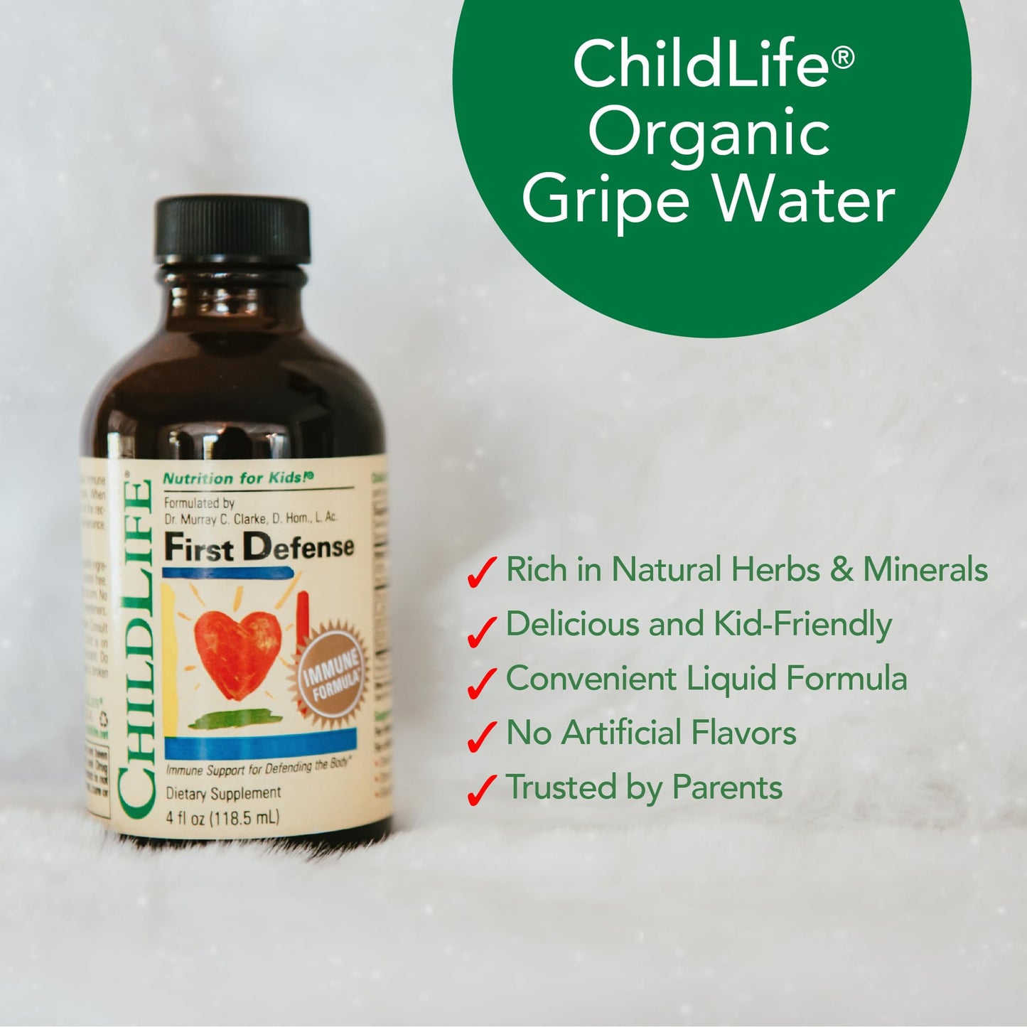Etiqueta de jarabe inmunológico First Defense CHILDLIFE ESSENTIALS