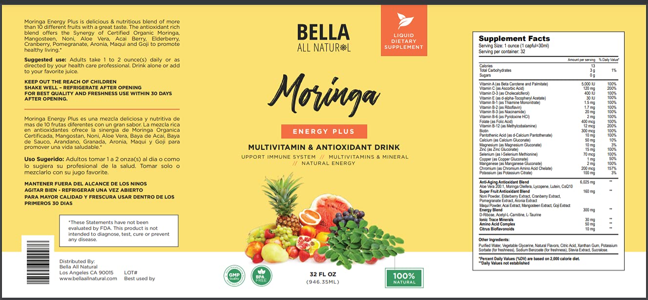 Etiqueta detallada del jugo Moringa Energy Plus