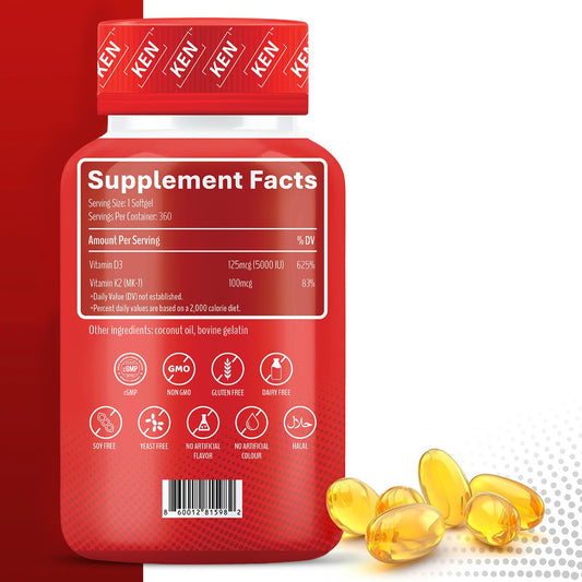 Etiqueta del suplemento KEN con detalles de vitamina D3 5000 IU y K2