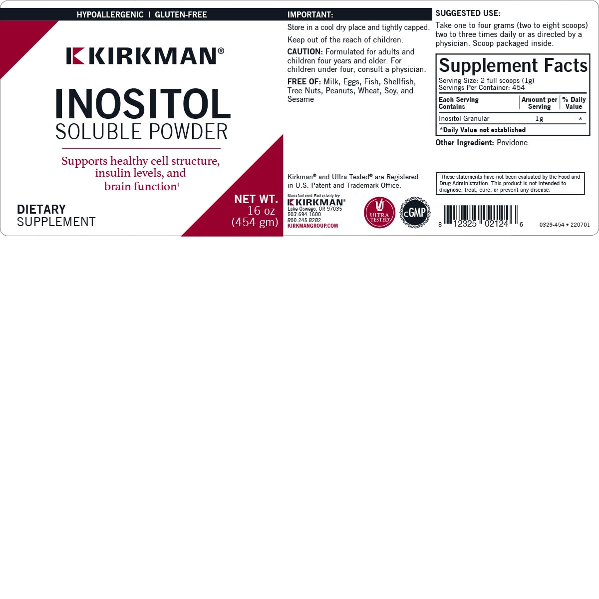 Etiqueta Kirkman inositol polvo soluble hipoalergénico