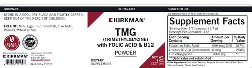 Etiqueta Kirkman polvo TMG ácido fólico B12