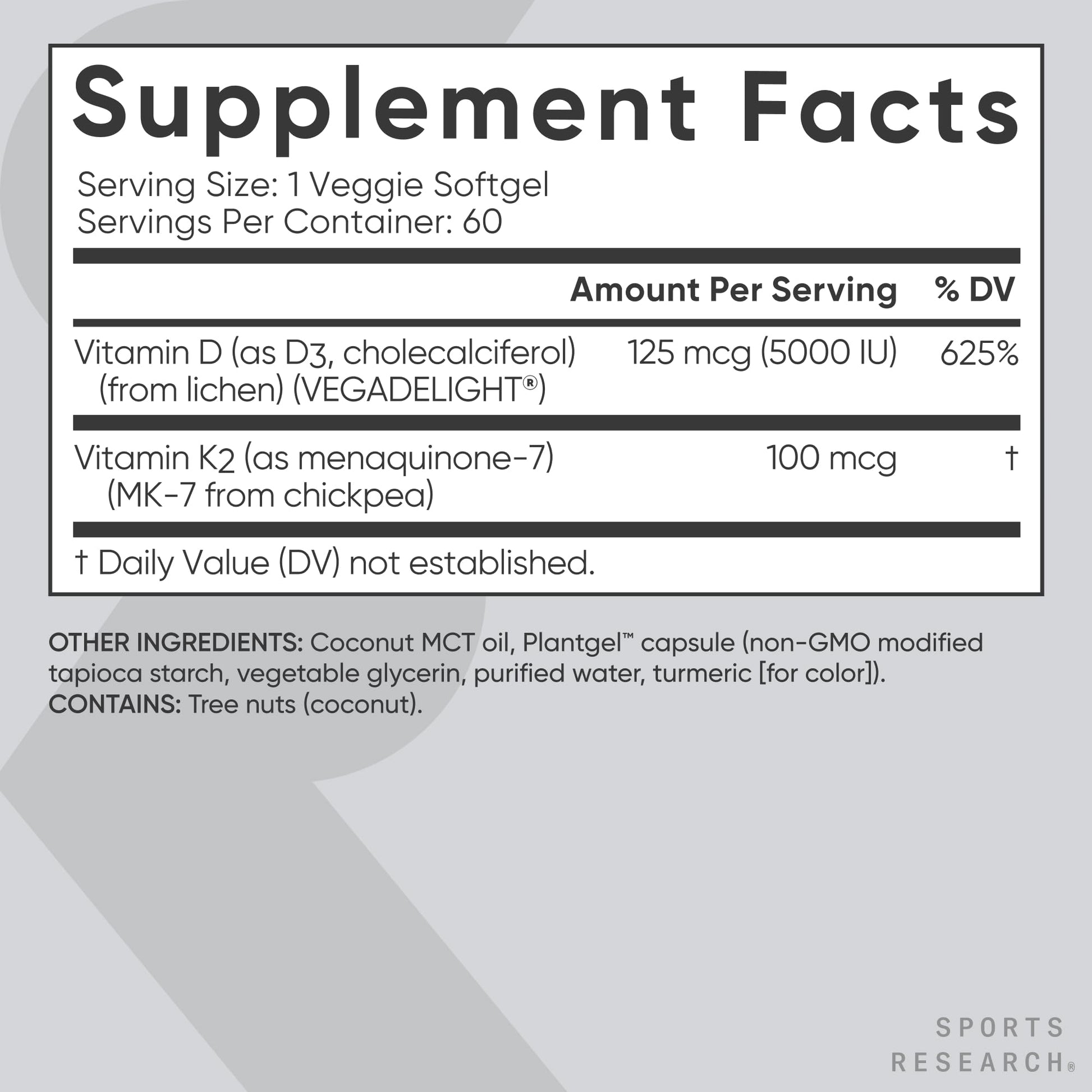 Etiqueta lateral suplemento Sports Research vitamina D3 y K2