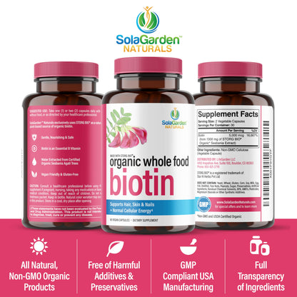 Etiqueta lateral suplemento Whole Food biotina orgánica 60 capsulas