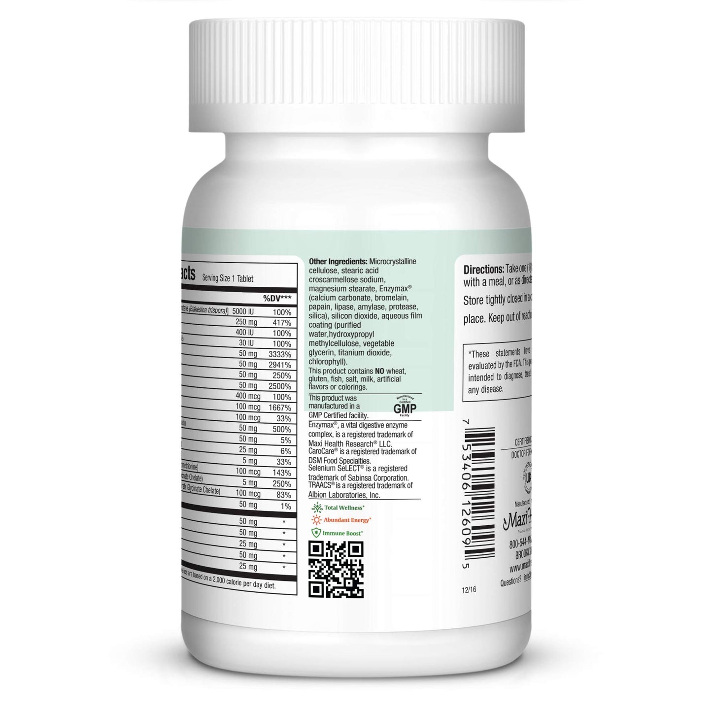 Etiqueta de MaxiVite multivitamina sin hierro