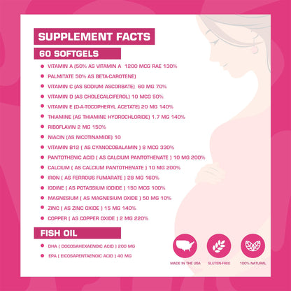 Etiqueta de multivitaminas prenatales Pregnaforte con ingredientes