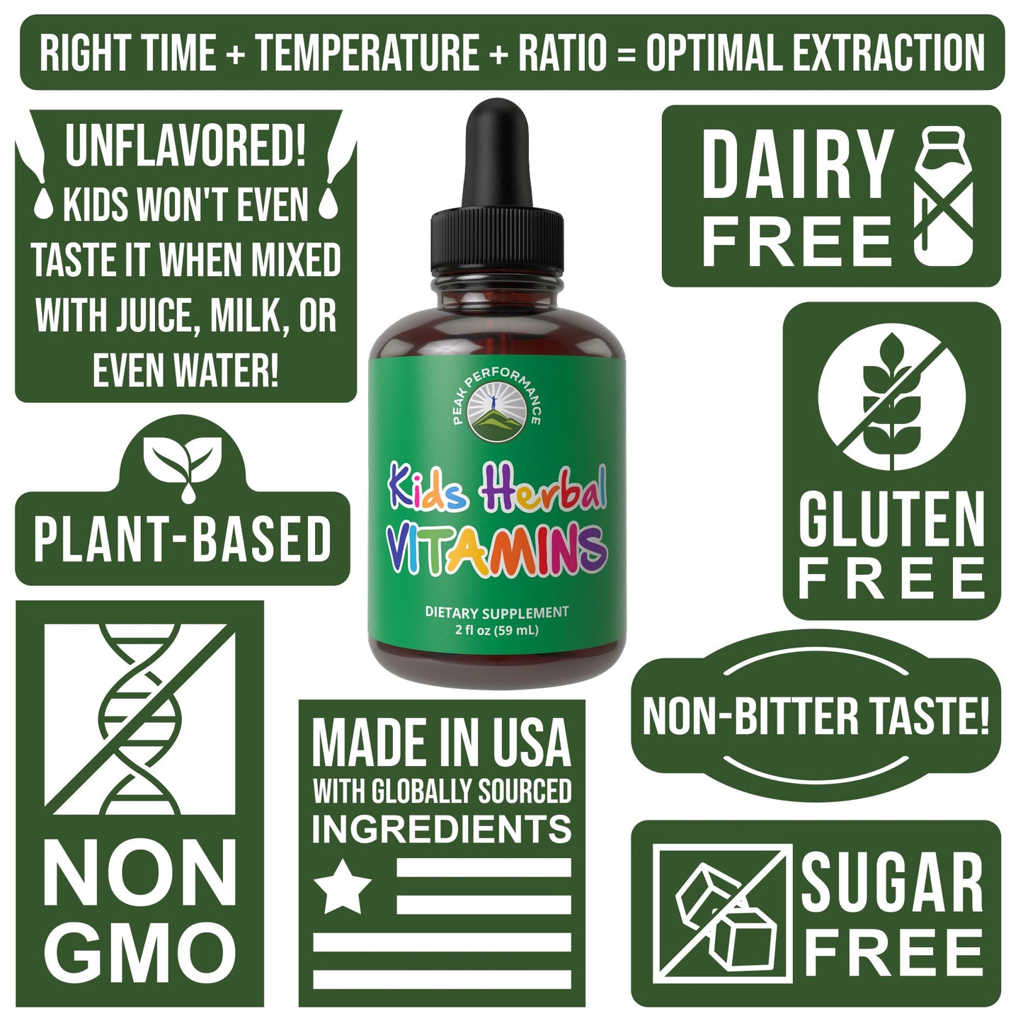 Etiqueta multivitamínico herbal líquido para niños Peak Performance 14 ingredientes
