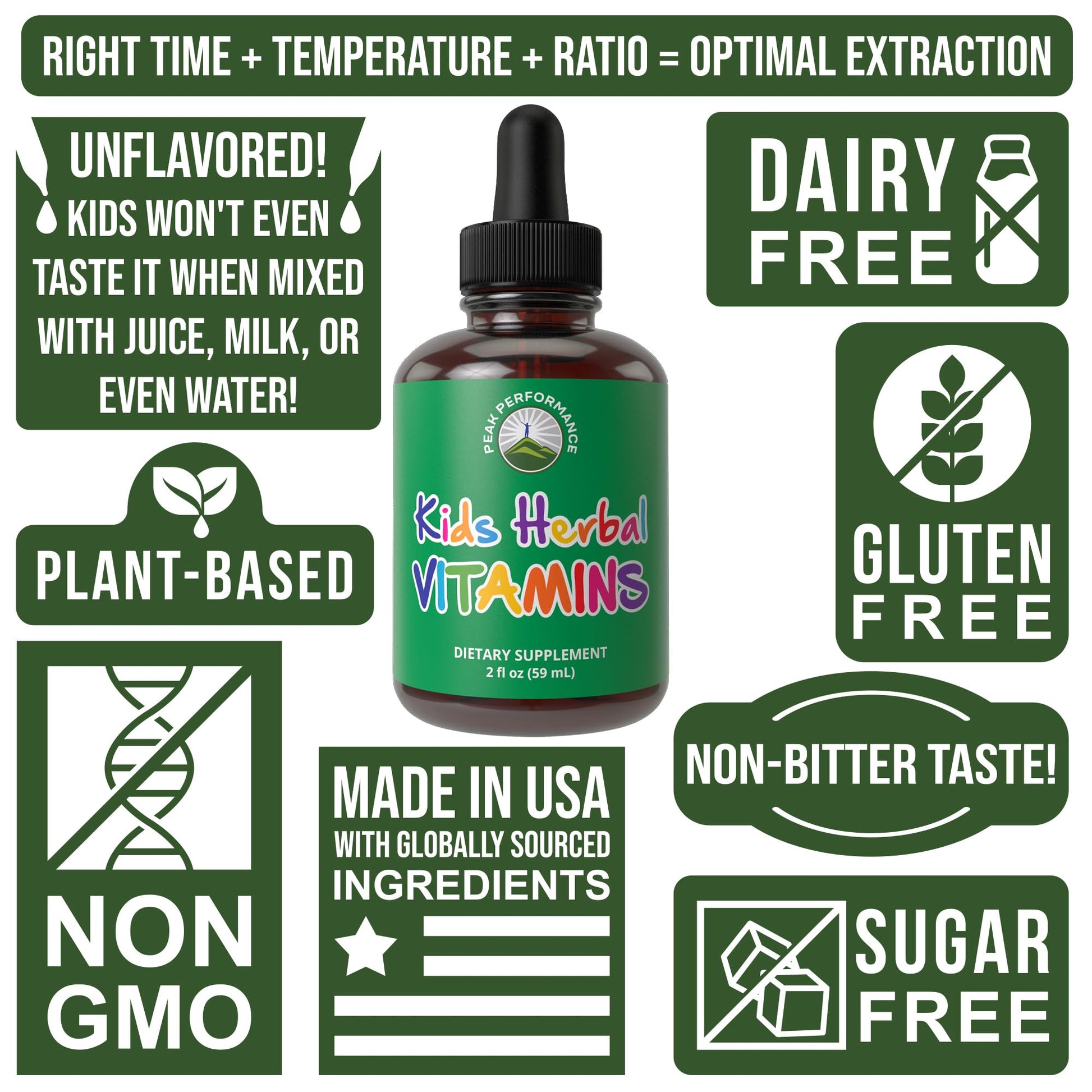 Etiqueta multivitamínico herbal líquido para niños Peak Performance 14 ingredientes