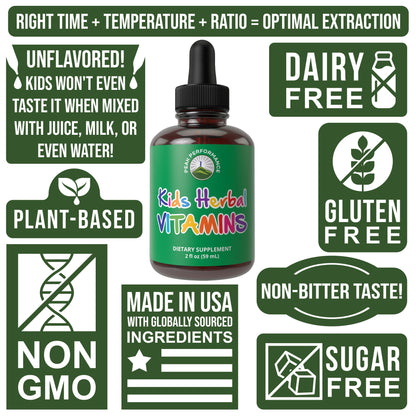 Etiqueta multivitamínico herbal líquido para niños Peak Performance 14 ingredientes