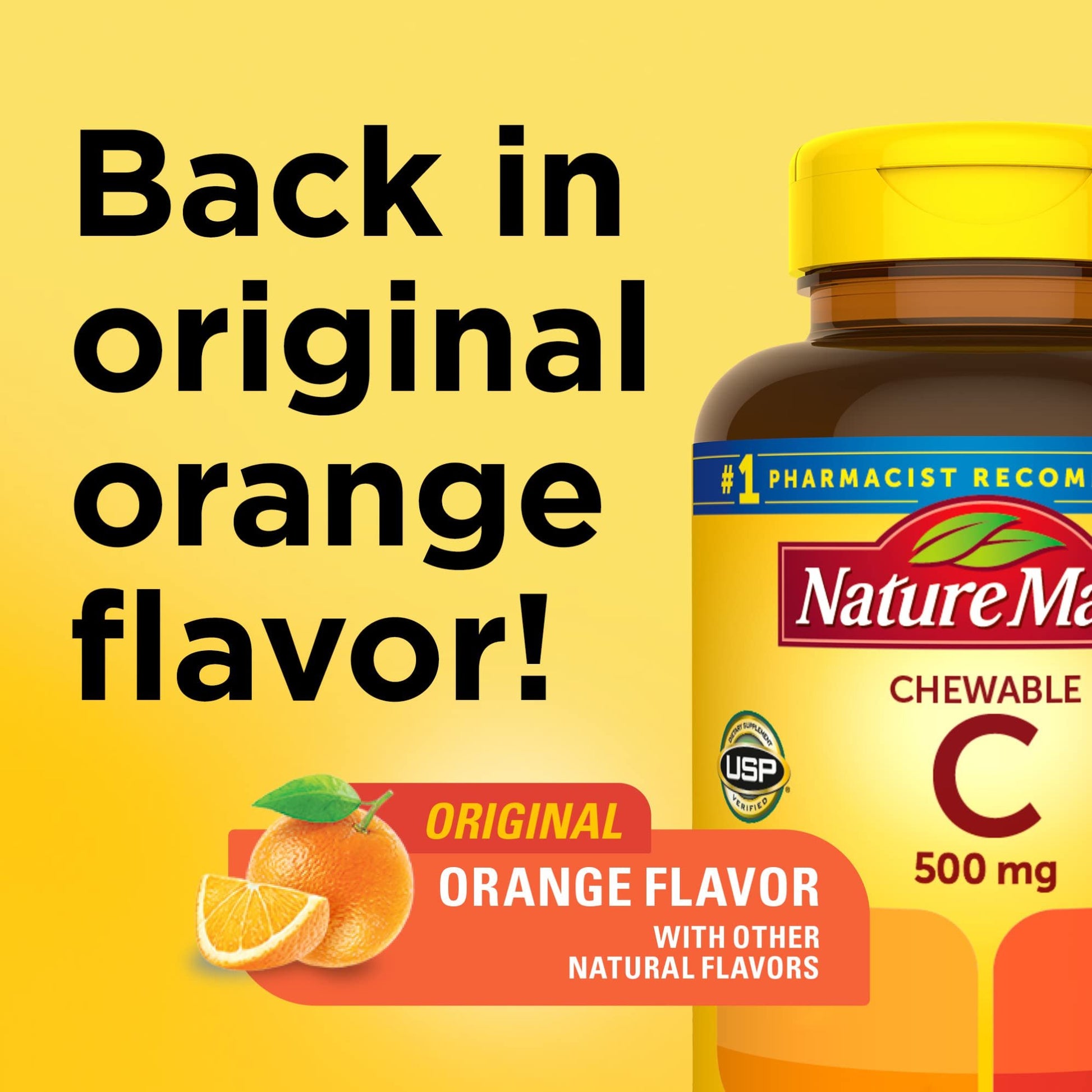 Etiqueta frontal del suplemento Nature Made Vitamina C masticable.