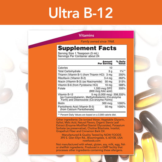 Etiqueta Now Foods Ultra B-12 suplemento líquido 4 oz