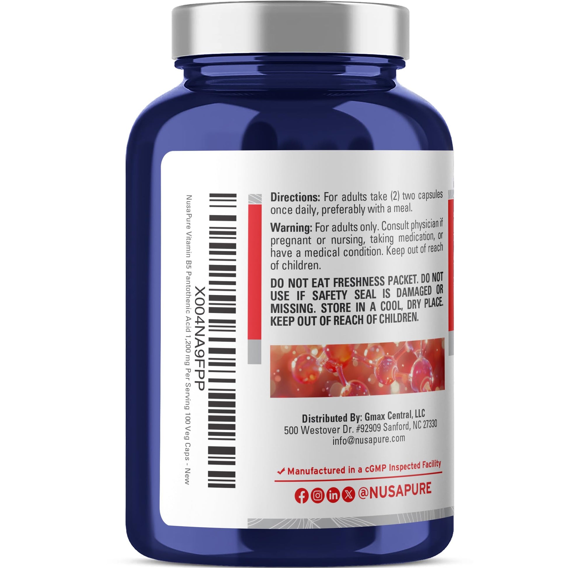 Etiqueta de NusaPure Vitamina B5 mostrando ingredientes