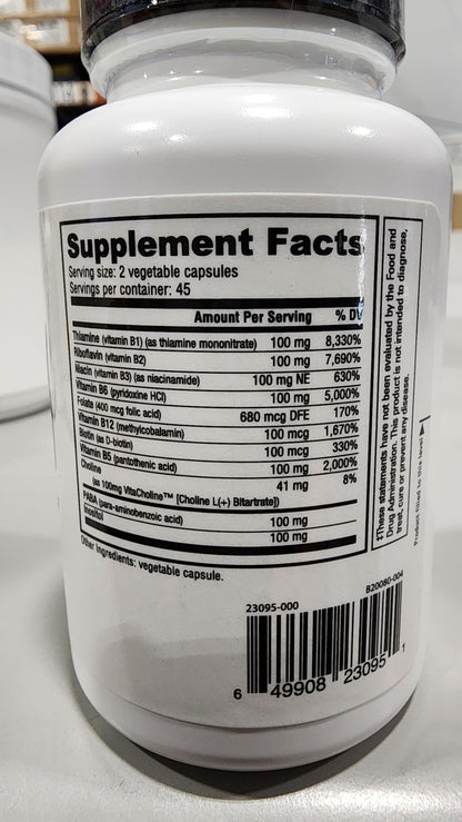 Etiqueta NutraBio suplemento vitamina B-100 y magnesio