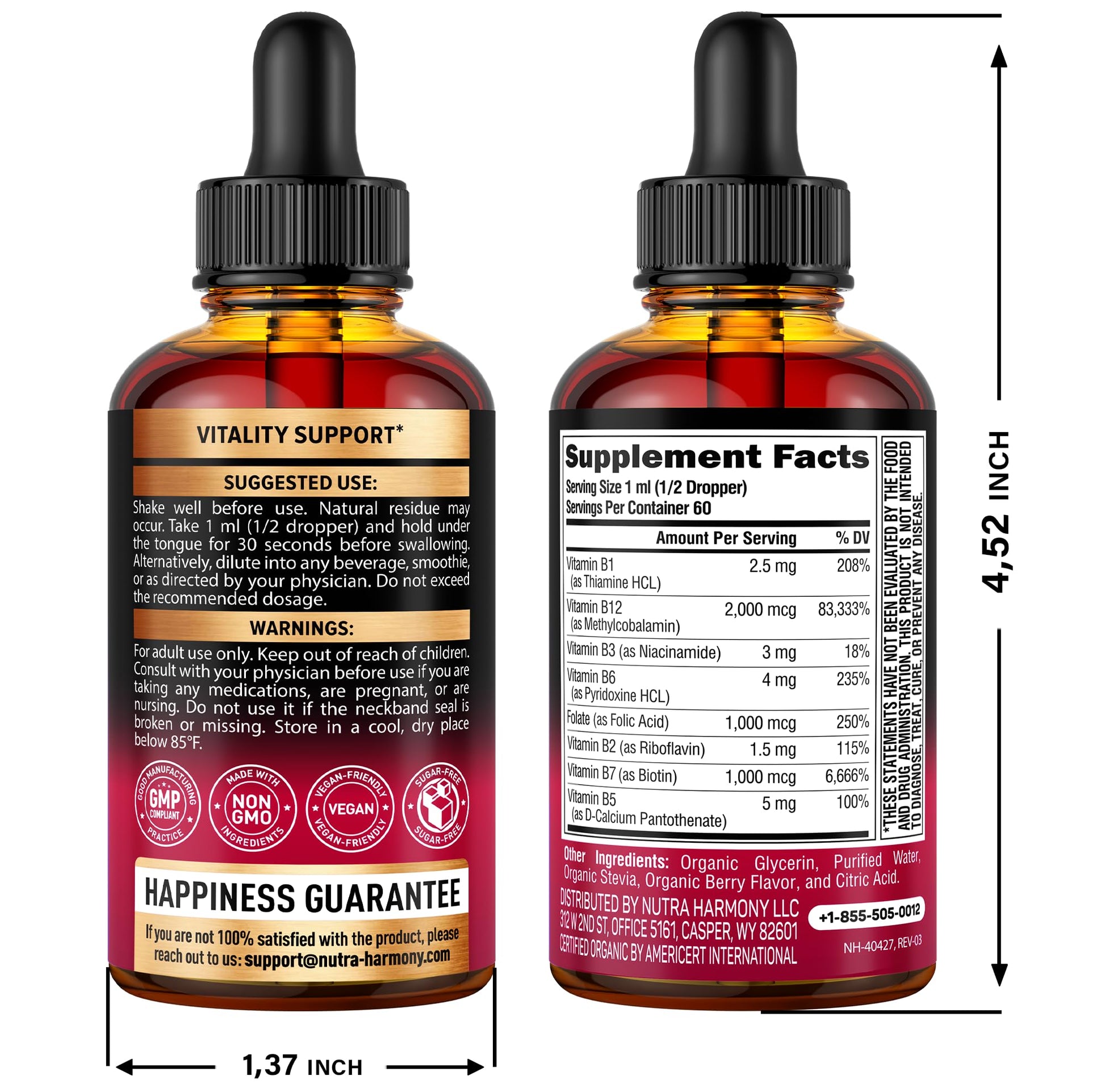 Etiqueta Nutraharmony gotas orgánicas vitamina B y B12