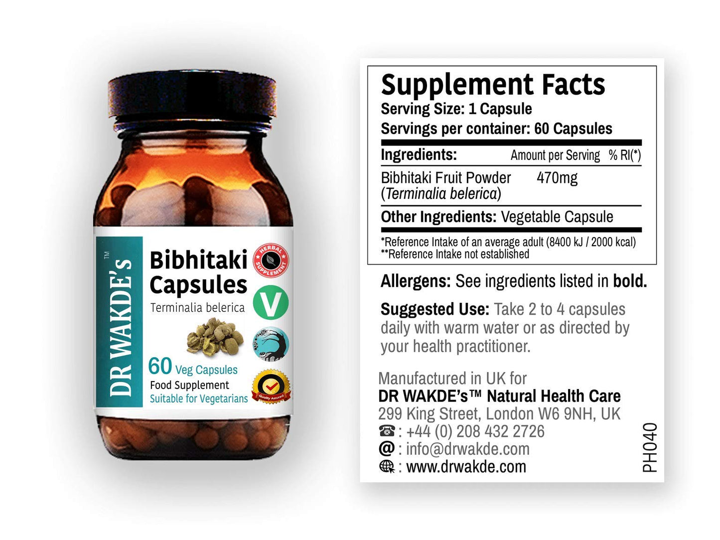 Etiqueta con información nutricional de cápsulas de Bibhitaki DR WAKDE'S