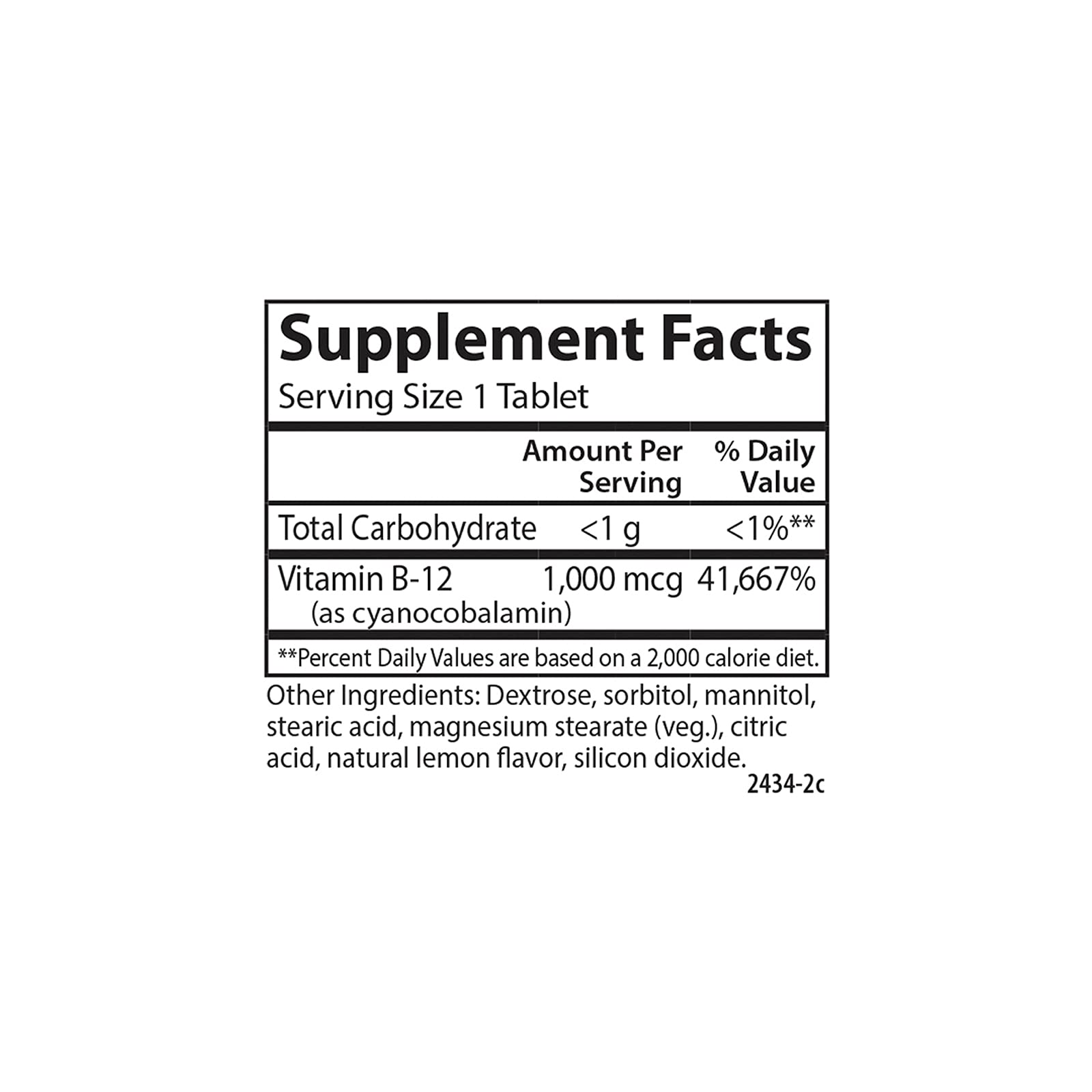 Etiqueta nutricional Carlson vitamina B12 masticable