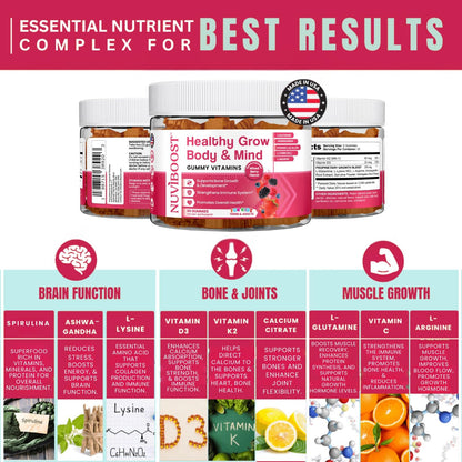 Etiqueta nutricional de gomas NUVIBOOST con vitaminas y minerales