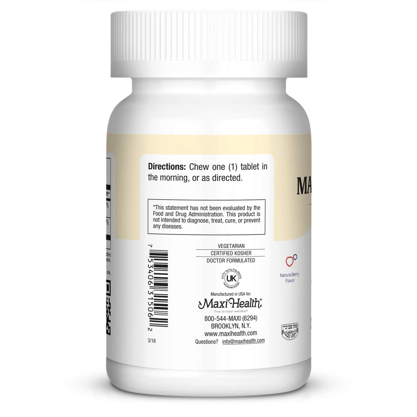 Etiqueta nutricional Maxi Health Vitamina B-12 sabor baya