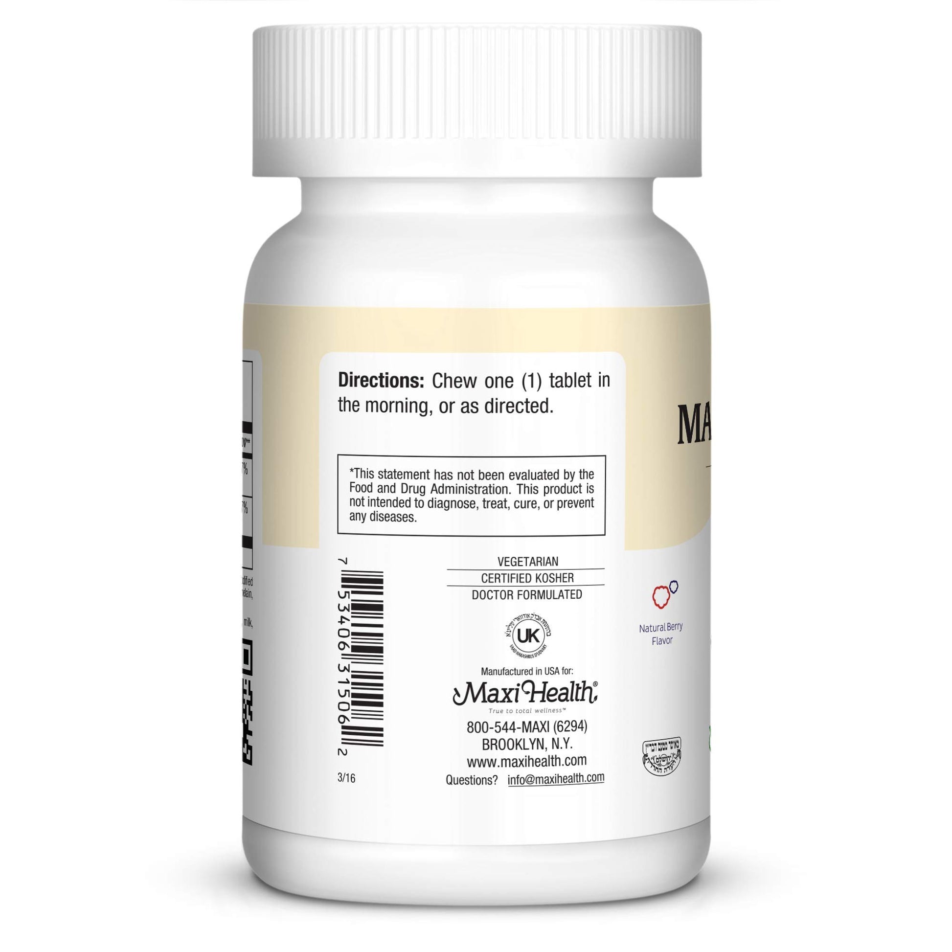 Etiqueta nutricional Maxi Health Vitamina B-12 sabor baya