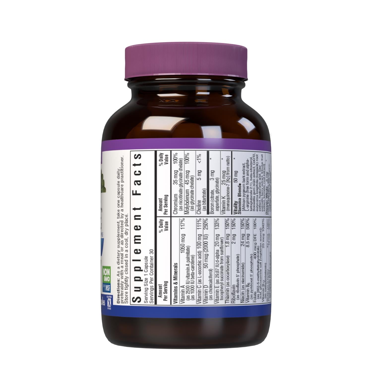 Etiqueta nutricional del multivitamínico BlueBonnet para hombres 40+
