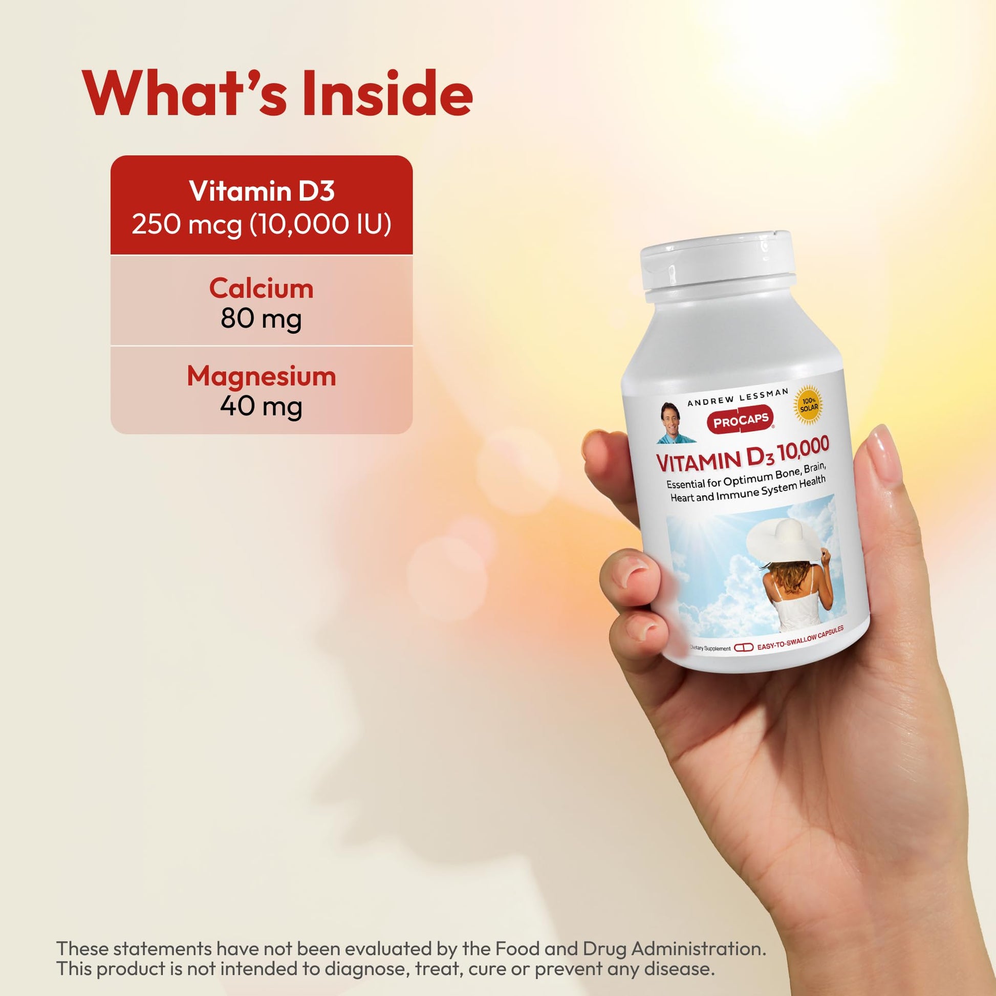 Etiqueta nutricional Vitamina D3 10,000 UI ANDREW LESSMAN 180 cápsulas