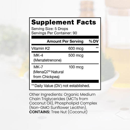 Etiqueta nutricional del suplemento de vitamina K2 de Pure TheraPro - sin OGM ni gluten.