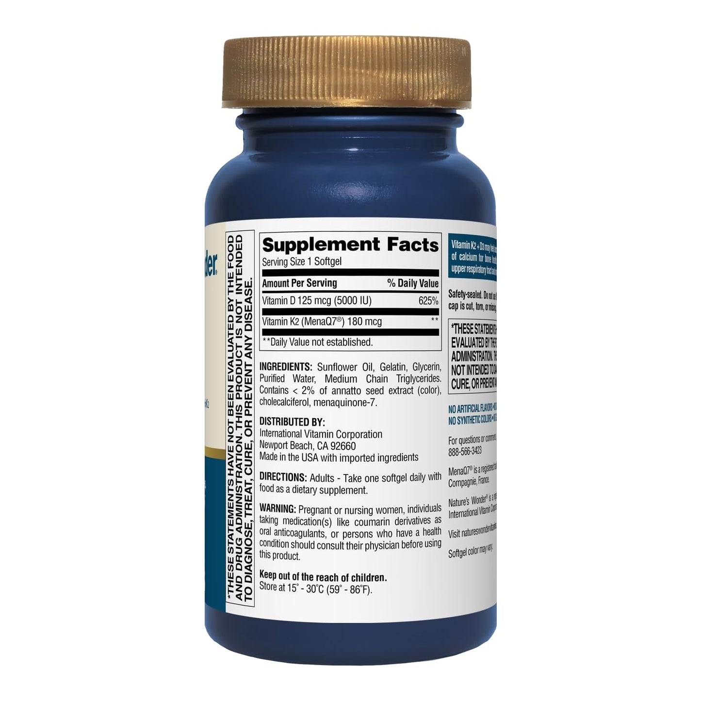 Vitaminas K2 D3 Nature's Wonder etiqueta nutricional