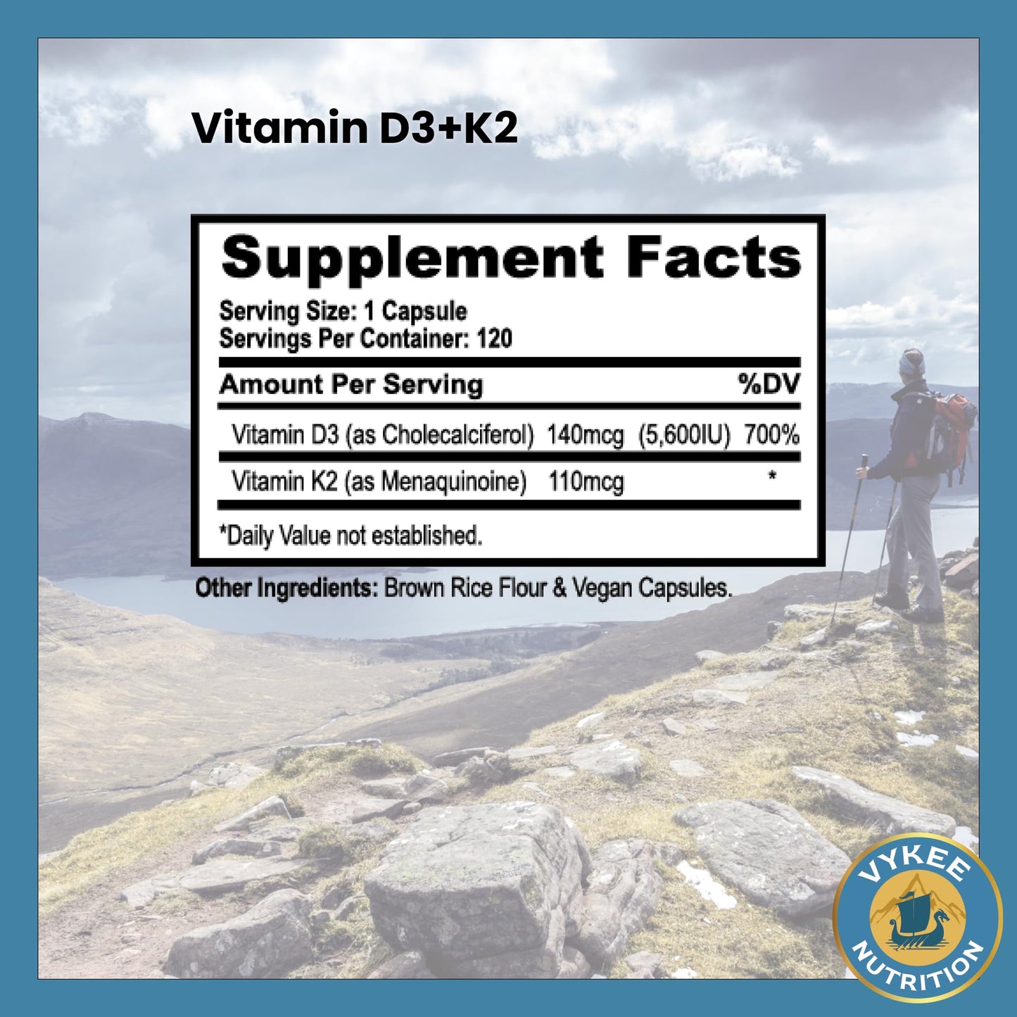 Etiqueta nutricional Vykee Nutrition vitamina d3 k2 suplemento