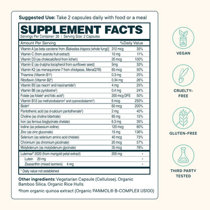 Etiqueta detallada de nutrientes multivitamínico Ora Organic