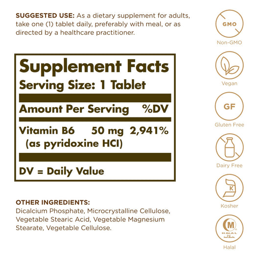 Etiqueta nutrientes Solgar vitamina B6 50 mg