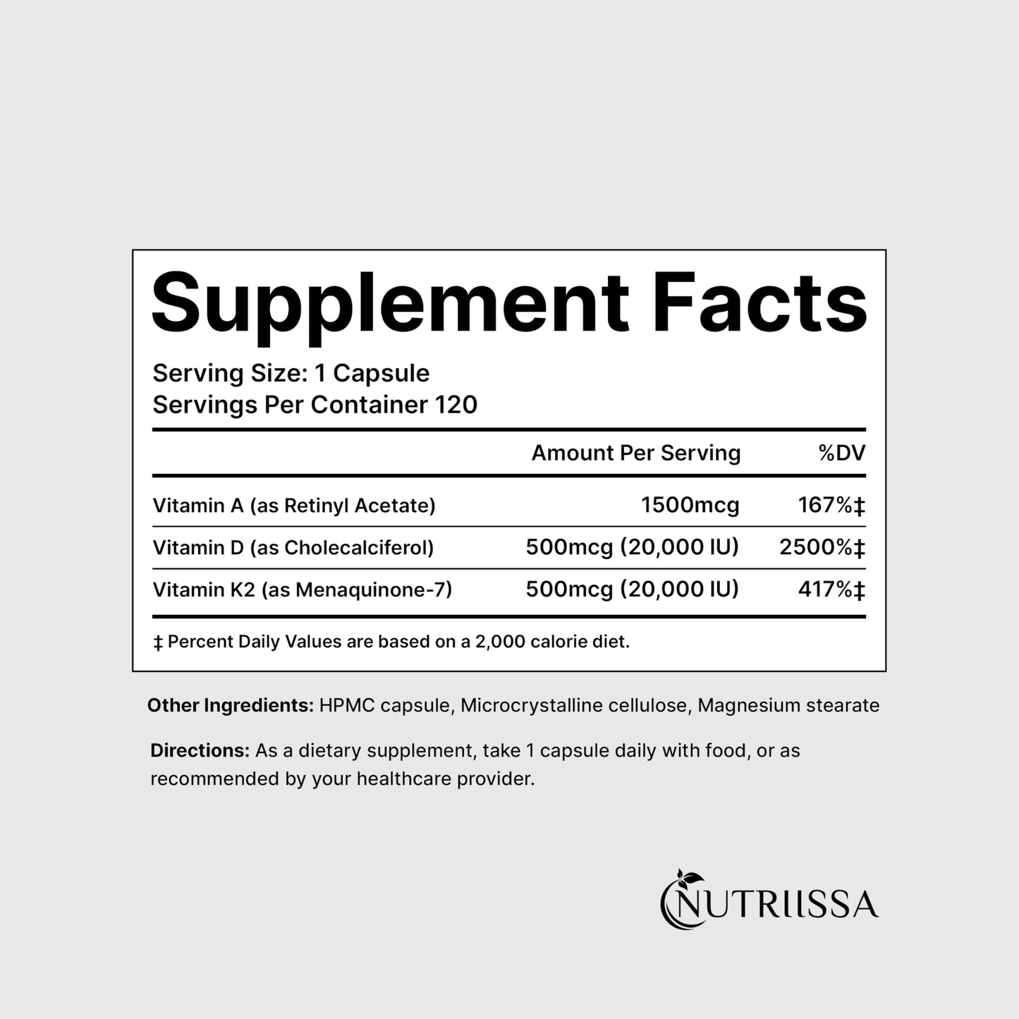 Etiqueta Nutriissa ADK 20 vitaminas A D K para salud