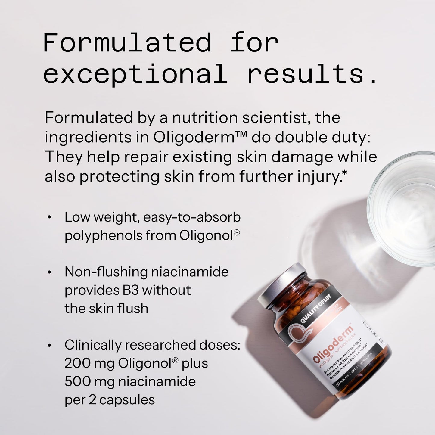 Etiqueta nutrimental suplemento Oligoderm Quality of Life