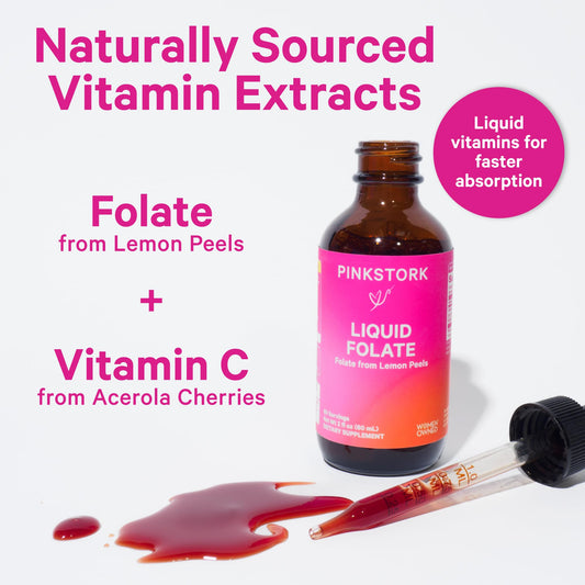 Etiqueta Pink Stork folato líquido vitaminas prenatales
