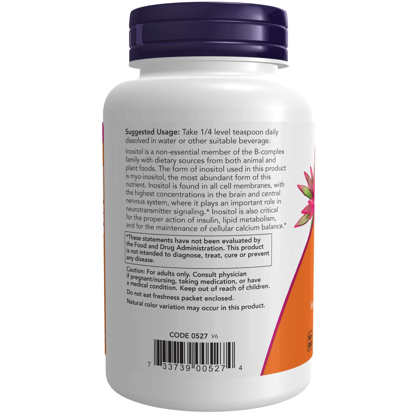 Etiqueta del suplemento polvo inositol NOW Foods 4 onzas