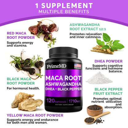 Etiqueta PrimeMD gotas líquidas y maca ashwagandha