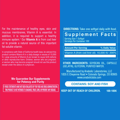 Etiqueta producto Anabolic Laboratories vitamina A 100 cápsulas