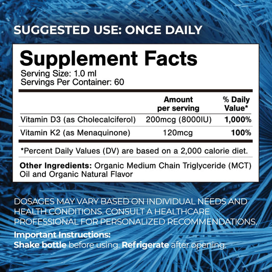 Etiqueta producto gotas vitamina d3 k2 Tropical Oasis 60 dosis