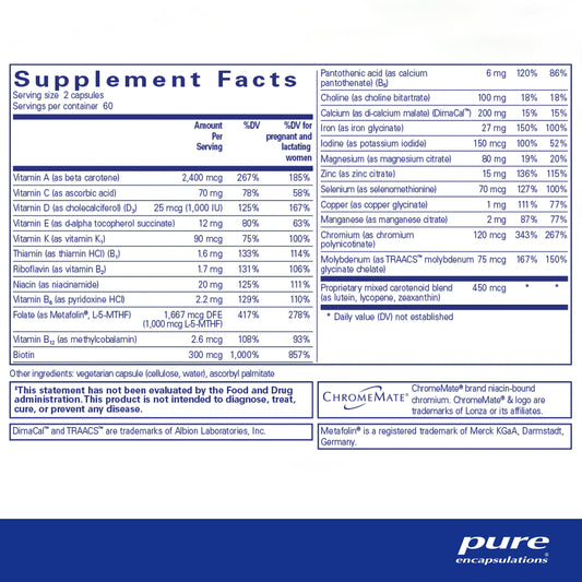 Etiqueta Pure Encapsulations nutrientes prenatales 120 cápsulas