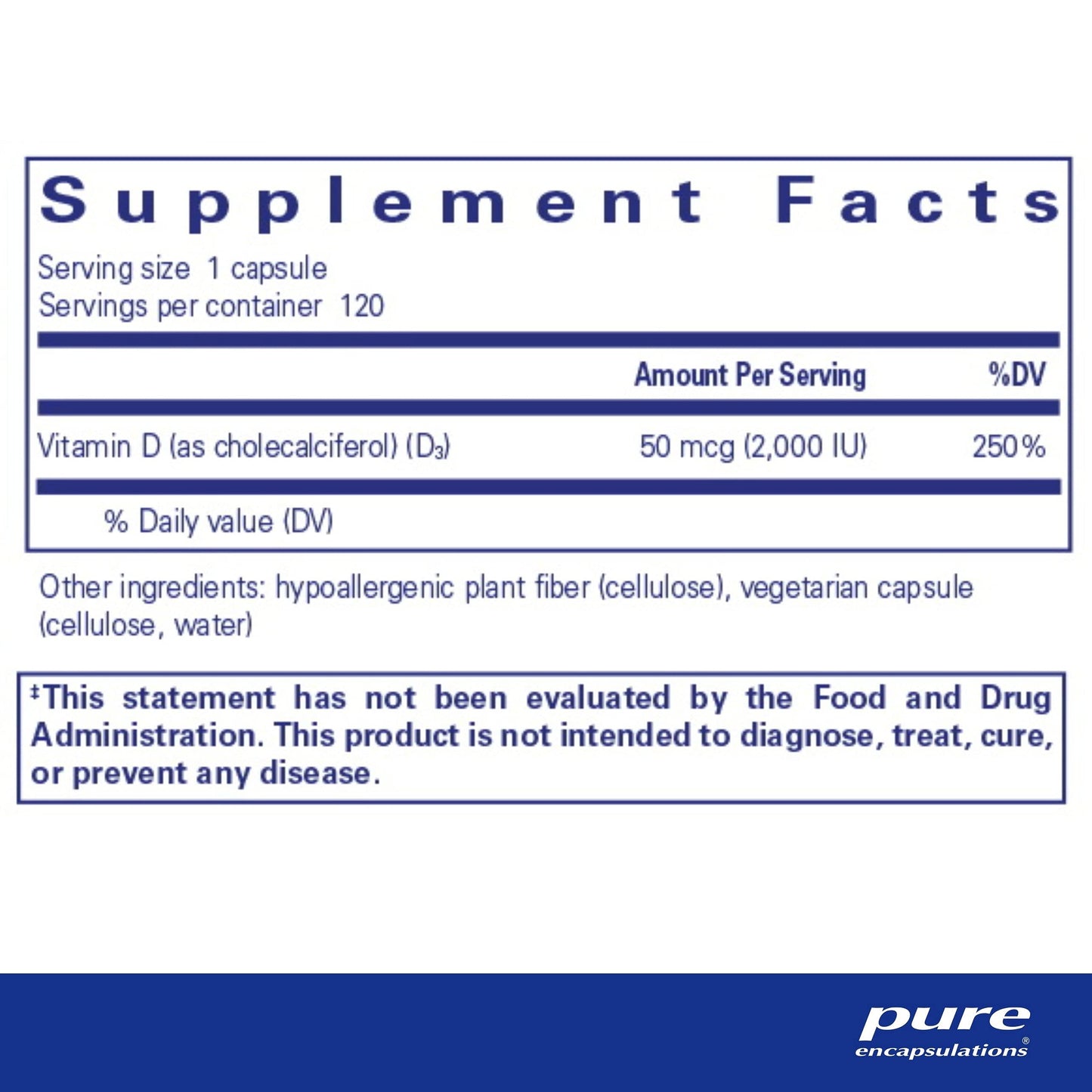 Etiqueta Pure Encapsulations con información vitamina D3 vegana