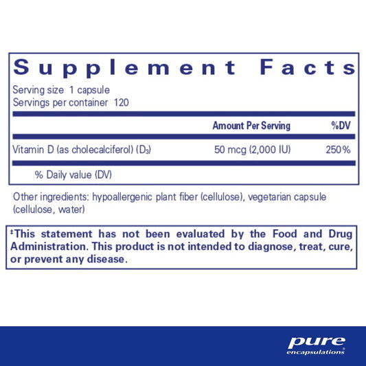 Etiqueta Pure Encapsulations con información vitamina D3 vegana
