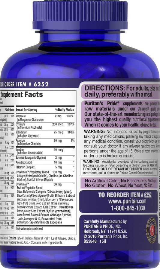 Etiqueta Puritan's Pride Ultra Woman, vitaminas