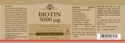 Etiqueta Solgar Biotina 5000 mcg para piel, uñas y cabello