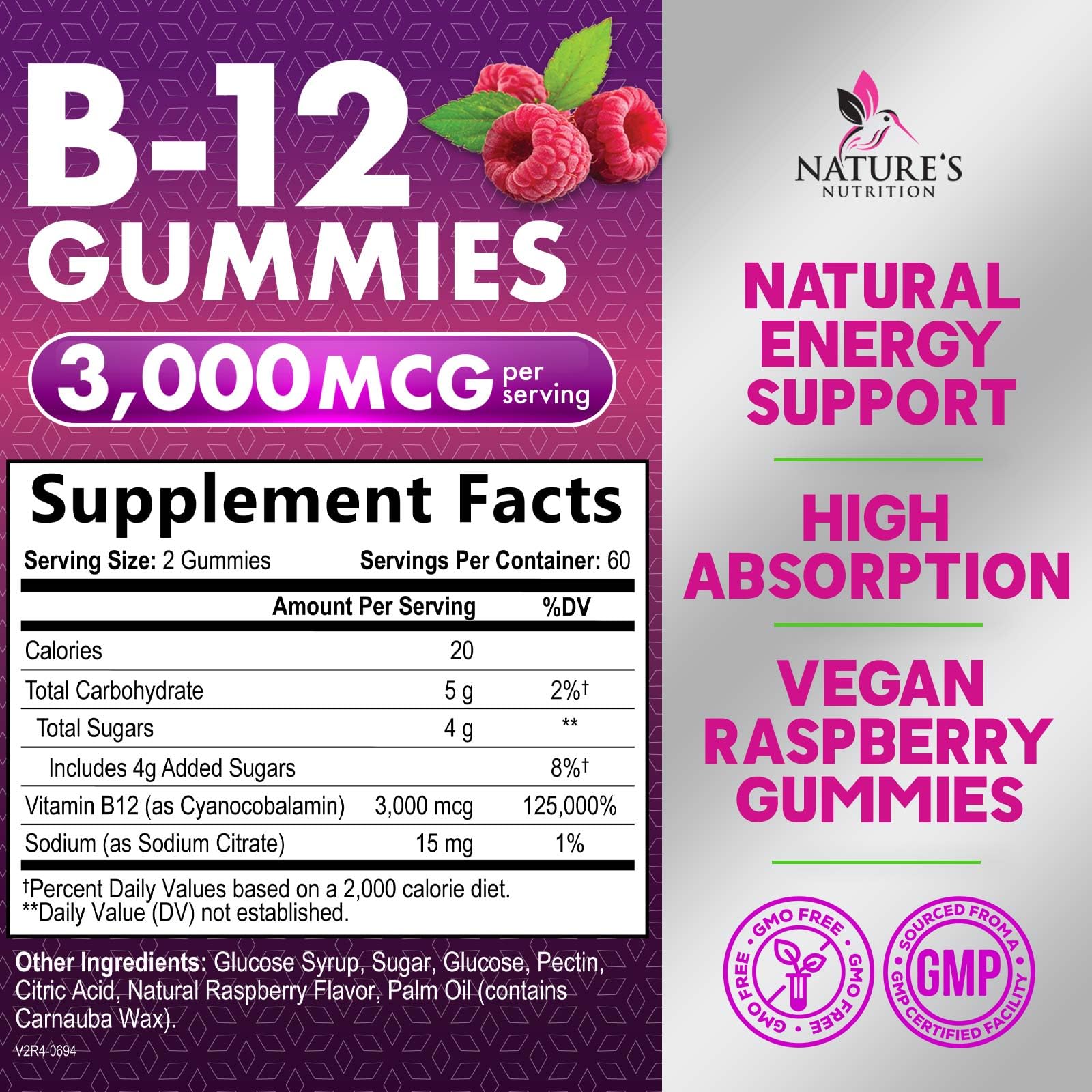Etiqueta suplementaria gomitas vitamina B12 extra fuerte
