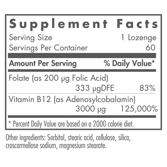 Etiqueta suplemento B12 Nutricology con ácido fólico 3000 mcg