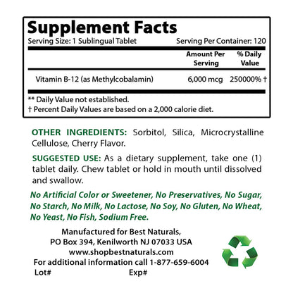 Etiqueta del suplemento natural Best Naturals D-Manosa y Vitamina B12