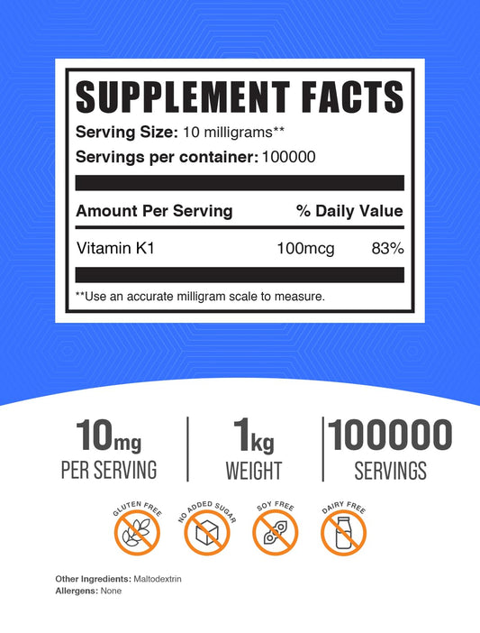 Etiqueta suplemento BulkSupplements vitamina K1 para corazón y huesos