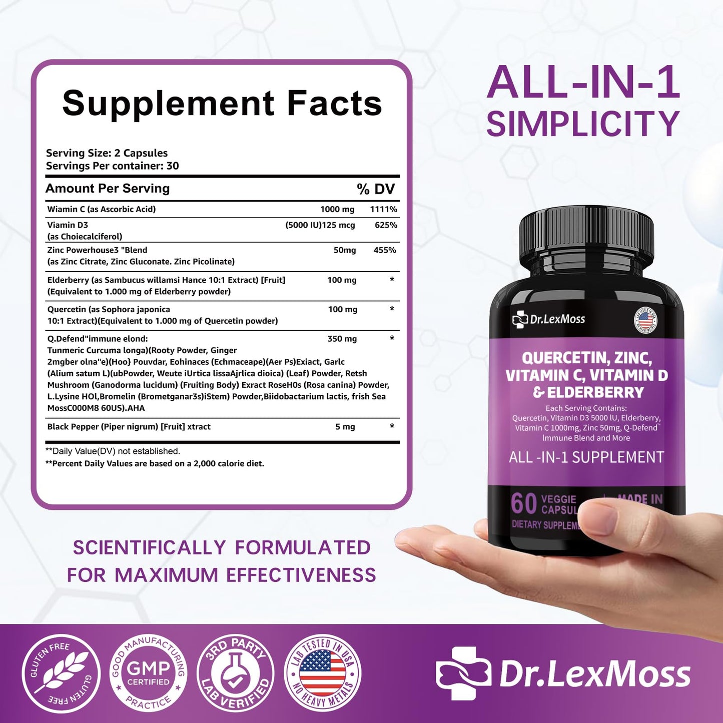 Etiqueta suplemento Dr.LexMoss con quercetina y vitaminas